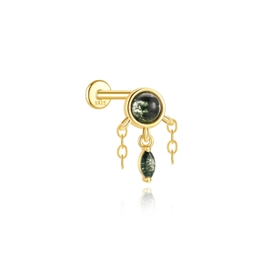 Detail of S925 gold-plated ear stud featuring green moss agate and elegant chain tassels