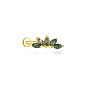 Detailed view of S925 sterling silver stamp on golden moss agate fan-shaped stud earring