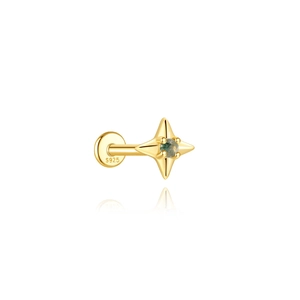 Nahaufnahme von goldenem S925 Silber Stern-Ohrstecker mit grünem Moosachat-Stein