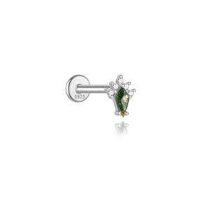 Nahaufnahme von S925 Silber-Ohrstecker mit Drachen-Moosachat und weißen Zirkonsteinen