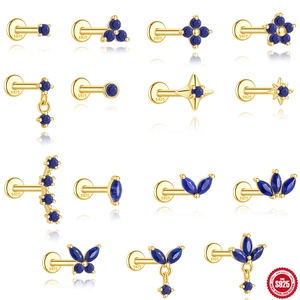 925 Sterling Silver Labret Stud Earrings Natural Lapis Lazuli Gold Plated Cartilage Stud Earring For Women Butterfly Flower Star Leaf Piercing Jewelry