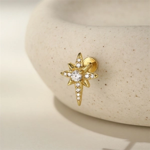 Macro view of gold North Star stud earring with zircon inlay and screw flat back