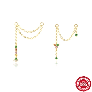 925 Sterlingsilber Bunte Zirkonia Quasten Ohrringe Lange Kette Asymmetrische Knorpel Ohrmanschette Für Damen Mode Schmuck