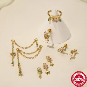S925 Sterling Silber Gold Ohrringe Set mit bunten Zirkonsteinen und Quastenkette Anhängern