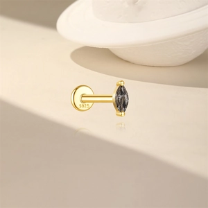 Macro detail of S925 hallmark on gold plated silver marquise black rutilated quartz stud