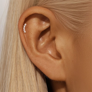 Close-up of S925 silver crown cartilage stud with five sparkling zircon stones on ear