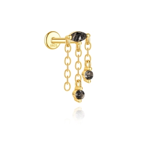 Vue détaillée de la boucle d'oreille S925 en argent doré avec pompon et quartz noir