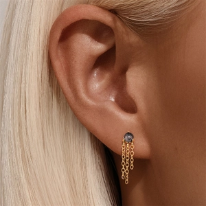 Detailed macro view of S925 silver earring with black rutilated quartz and gold tassels