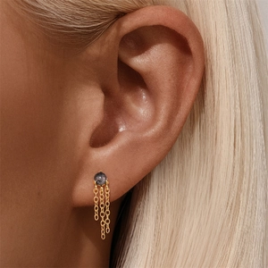 Macro shot of s925 silver stud earring with rutilated quartz and triple chain tassels