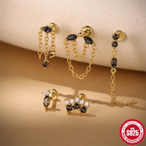 Parure de boucles d'oreilles en argent S925 doré avec cristal noir et glands zircon