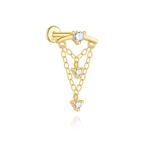 Detail of s925 silver labret stud with tassel chains and sparkling cubic zirconia