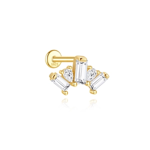 Macro shot of gold S925 silver flat back earring with crown-shaped zircon inlay details
