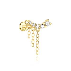 Close-up of S925 sterling silver gold ear stud with cubic zirconia and tassel chains