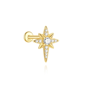 Detailed view of gold plated S925 silver star cartilage stud with cubic zirconia stones