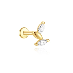 Macro view of S925 sterling silver marquise-cut leaf labret earring with 18K gold finish