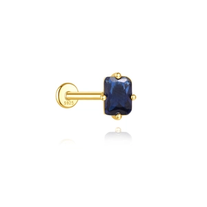 Detailed view of S925 sterling silver stamp on a gold-plated blue zircon earring