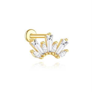 Close-up of S925 hallmark on gold crown stud earring with sparkling cubic zirconia