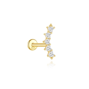 Close-up of S925 sterling silver stamp on gold-plated ear stud with five heart-shaped zircons