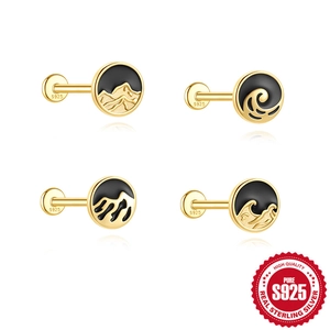 Boucles d'Oreilles Clous en Argent Sterling S925 Montagne Vague Plaquées Or Émail Rond Bijoux Piercing Cartilage Unisexe