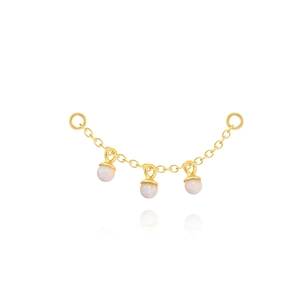 Macro detail of gold plated S925 silver chain with three iridescent opal bead charms