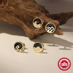 Lot de 4 boucles d'oreilles en argent S925 doré avec motifs naturels à l'huile noire
