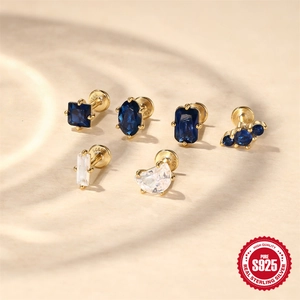 Set of gold S925 sterling silver studs with blue and clear zircon geometric shapes