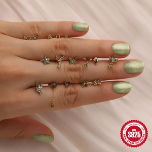 S925 Sterling Silber vergoldete geometrische Ohrstecker mit grünem Moosachat Damen