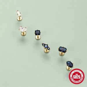 S925 sterling silver studs with blue and clear geometric zircons in various shapes