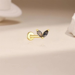 Detailed close-up of S925 hallmark on gold plated black rutilated quartz stud