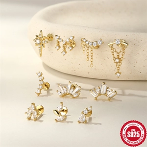 Set of s925 silver gold-plated cartilage earrings with tassels and zircon stones
