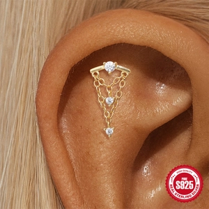 Sterling silver 16G cartilage stud earring with gold crown tassel and zircon leaves
