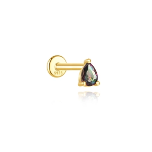Detail van de S925 zilveren goudkleurige knop met peergeslepen regenboogsteen en platte achterkant