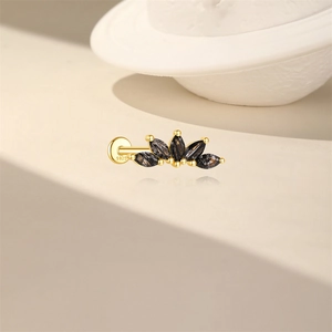 Macro view of S925 sterling silver earring featuring five black marquise-cut stones