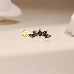 Macro view of S925 sterling silver earring featuring marquise black gemstones crown