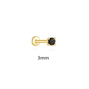 Detail of S925 sterling silver stamp on golden piercing stud with 3mm black stone