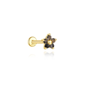 Detailed view of the S925 silver stamp on gold flower stud earring with rutilated quartz