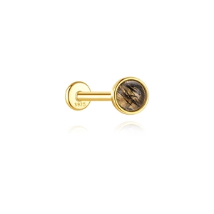 Macro shot of S925 sterling silver stamp on golden ear stud with black rutilated quartz