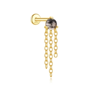Macro shot of S925 sterling silver gold earring with rutilated quartz and fringe