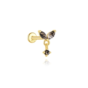 Close-up of S925 silver gold crown stud earring with marquise black rutilated quartz