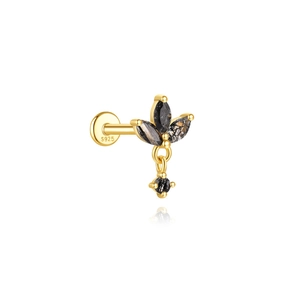 Close-up of S925 sterling silver stamp on golden labret with black marquise stones