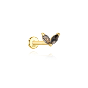 Detailed close-up of S925 sterling silver gold stud earring with black rutilated quartz
