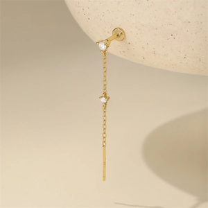 Detail view of S925 sterling silver long tassel chain earring with sparkling zircons