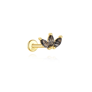 Macro detail of S925 sterling silver ear stud featuring black rutilated quartz clover design