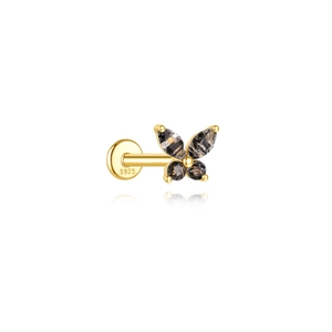 Close-up of S925 sterling silver butterfly stud with black marble stone wings