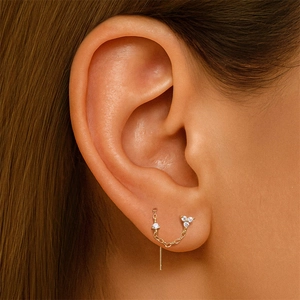 Close-up of S925 silver double ear piercing jewelry with zircon flowers and tassels