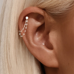 Close-up of S925 sterling silver ear cuff with double sequin chains on a female model