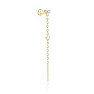 Detail view of gold-plated S925 sterling silver tassel earring with tiny diamonds