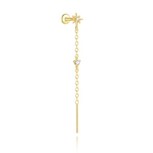 Detailed view of long gold tassel earring with star stud and S925 silver hallmark stamp