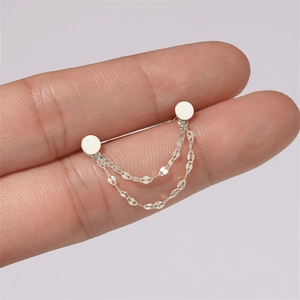 Detail of S925 sterling silver double stud earrings with minimalist discs and chain fringe