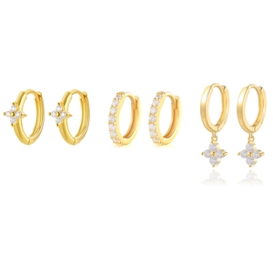 Detail of three pairs of gold-plated hoop earrings with zircon floral accents